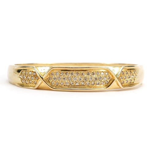 3029 - 14k gold hinged bangle set with diamonds, 6.6cm wide, 23.7g