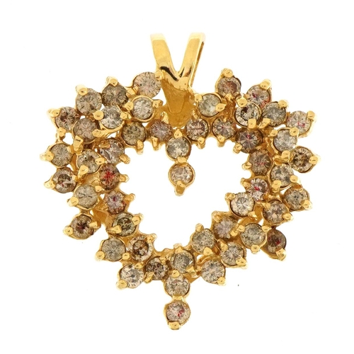 3044 - 14K Gold diamond love heart cluster pendant, indistinctly stamped to the reverse, 3.1cm high, 8.4g