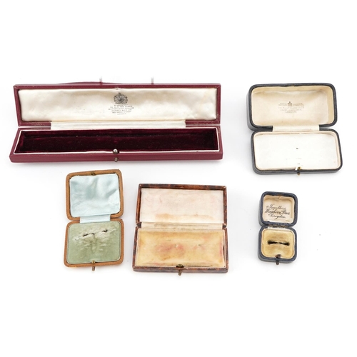 3855 - Five antique and later jewellery boxes including Waghorn Bros Croydon, The Alexander Clark Co Court ... 