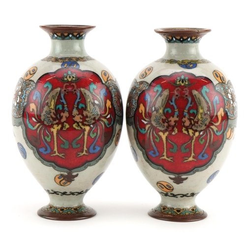 245A - Pair of Japanese cloisonne vases enamelled with mythical birds and flowers, each 16cm high