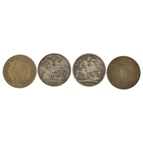 2382 - Four Victorian and later crowns comprising dates 1889, 1902 and two 1937