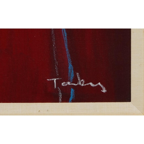 49 - Isaac Tarkay - The Conversation Piece, Israeli school acrylic on canvas, mounted and framed, 99cm x ... 