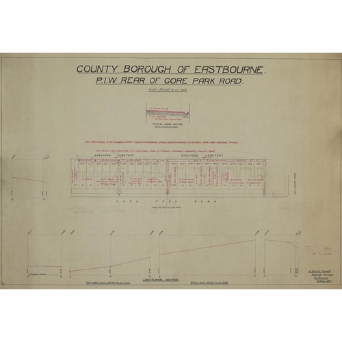 2254 - Six Eastbourne Borough canvas road plans, Rear of Gore Park Road, cross sections, alternations to pa... 