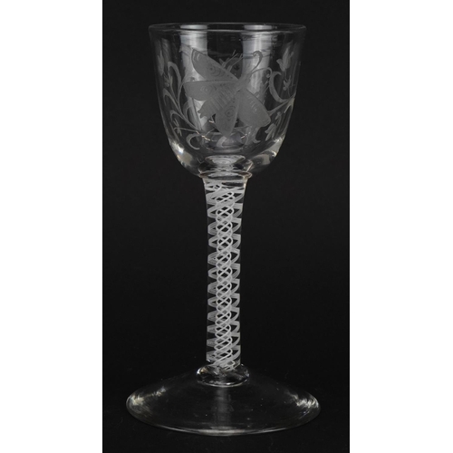 66 - Eighteenth century wine glass with multiple opaque twist stem and Jacobite engraved bowl, 15cm high