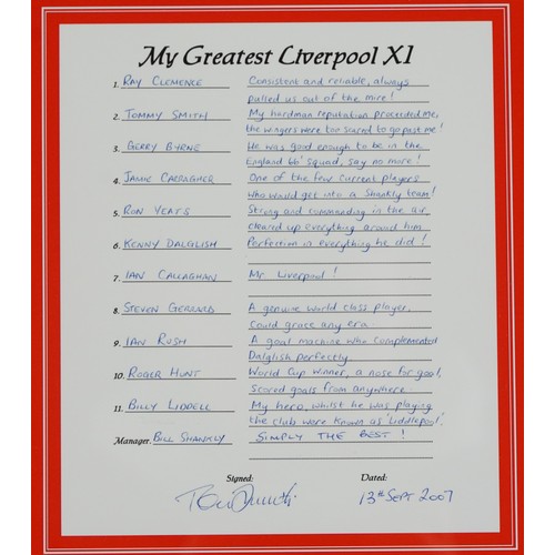 2261 - Tommy Smith Greatest Liverpool XI signed display, certificate of authenticity verso, mounted, framed... 