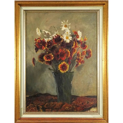 262 - Karl Hayd - Still life flowers in a vase, Austrian oil on board, label verso, mounted and framed, 66... 