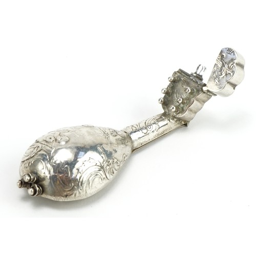 146 - Novelty Dutch silver scent bottle and stopper in the form of a mandolin embossed with Putti, 9.5cm i... 
