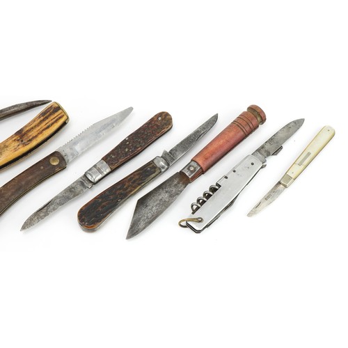 275 - 19th century and later folding knives and pocket multi tools including mother of pearl flanked silve... 