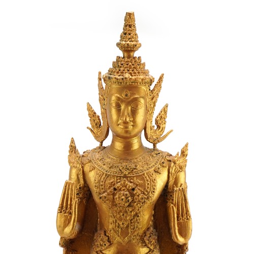 292 - Antique Thai gilt bronze figure of standing Rattanakosin Buddha, later overpainted, 52cm high