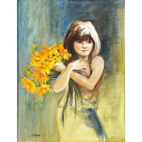 1047 - J Hodder - Young female holding flowers, 20th century watercolour, framed and glazed, 60cm x 44.5cm ... 