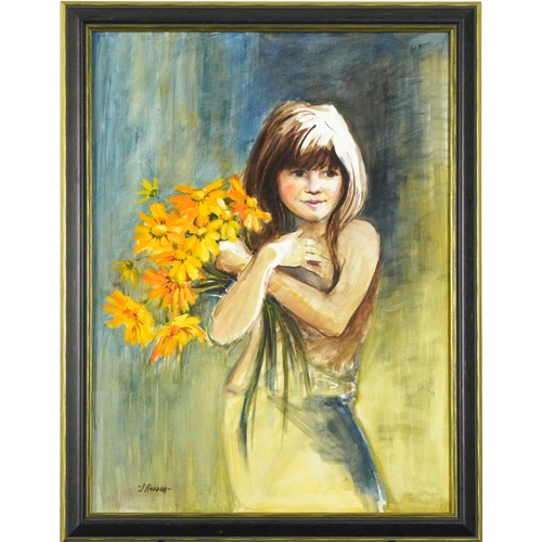 1047 - J Hodder - Young female holding flowers, 20th century watercolour, framed and glazed, 60cm x 44.5cm ... 