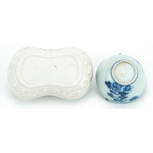 361 - Chinese porcelain box and cover with twin divisional interior and a blue and white porcelain tea bow... 