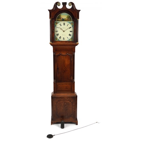 1035 - Inlaid oak longcase clock, the painted dial inscribed T. Wilson Burton, 215cm high