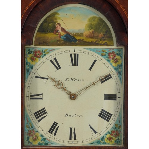 1035 - Inlaid oak longcase clock, the painted dial inscribed T. Wilson Burton, 215cm high