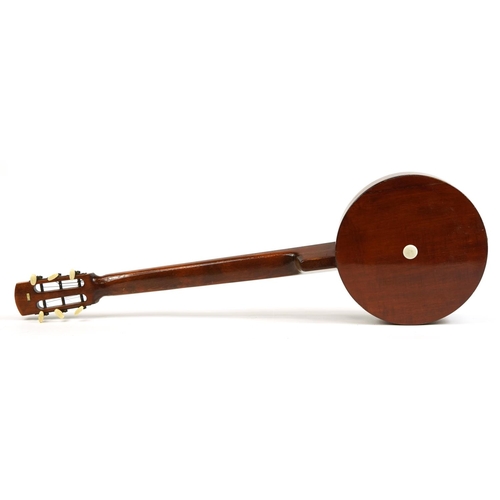 496 - Rosewood and mahogany six string banjo, 88cm in length