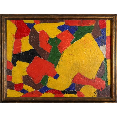 261 - Abstract composition, geometric shapes, Russian school impasto oil on canvas, mounted and framed, 85... 