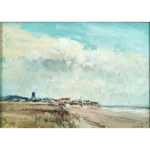 32 - Ian Houston - Coastal landscape with buildings, Impressionist oil on board, mounted and framed and g... 