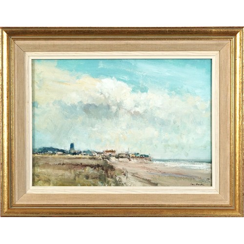 32 - Ian Houston - Coastal landscape with buildings, Impressionist oil on board, mounted and framed and g... 