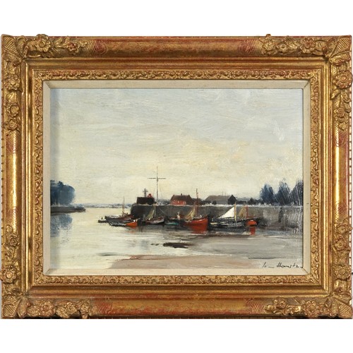 31 - Ian Houston - Honfleur Harbour at low tide, Impressionist oil on board, chalk marks and inscribed la... 