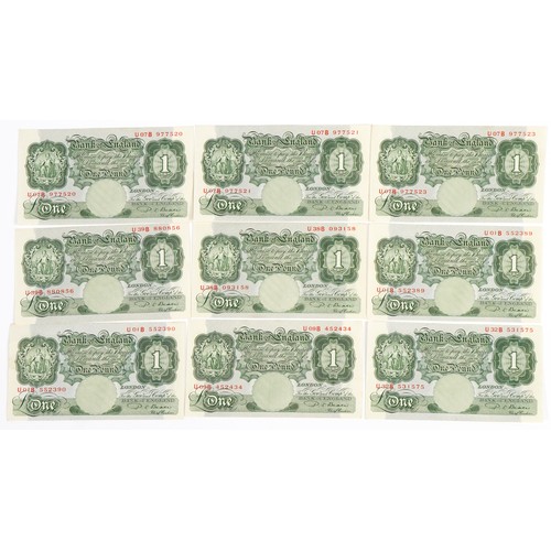 2498 - Nine Bank of England one pound banknotes, each Chief Cashier P S Beale, various serial numbers