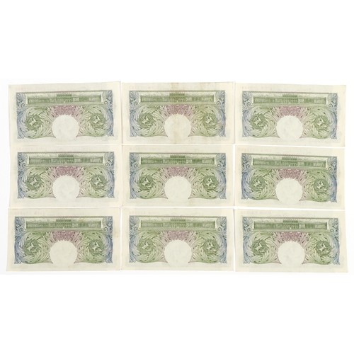 2498 - Nine Bank of England one pound banknotes, each Chief Cashier P S Beale, various serial numbers