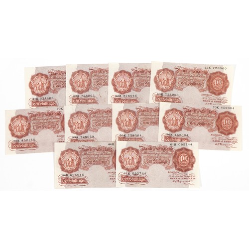 2501 - Ten Bank of England ten shilling notes, each Chief Cashier K O Peppiatt, various serial numbers