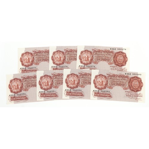 2500 - Seven Bank of England consecutive ten shilling notes, each Chief Cashier P S Beale comprising K65Z 3... 