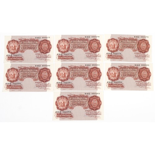 2500 - Seven Bank of England consecutive ten shilling notes, each Chief Cashier P S Beale comprising K65Z 3... 