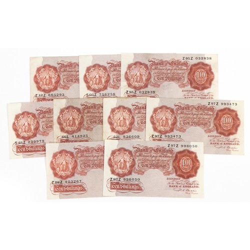 2502 - Nine Bank of England ten shilling notes comprising Chief Cashiers P S Beale and K O Peppiatt, variou... 