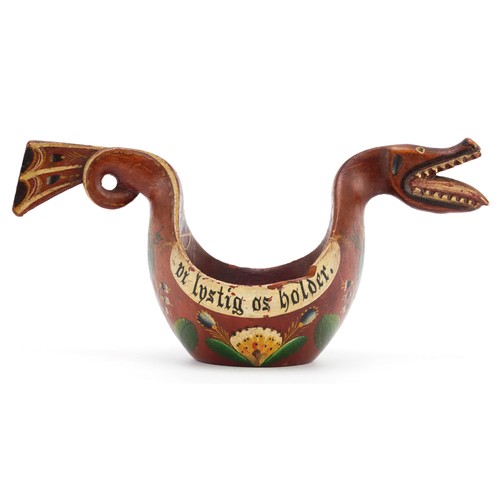 288 - Norwegian treen Kasa ale cup in the form of a dragon, hand painted with flowers, 23cm in length