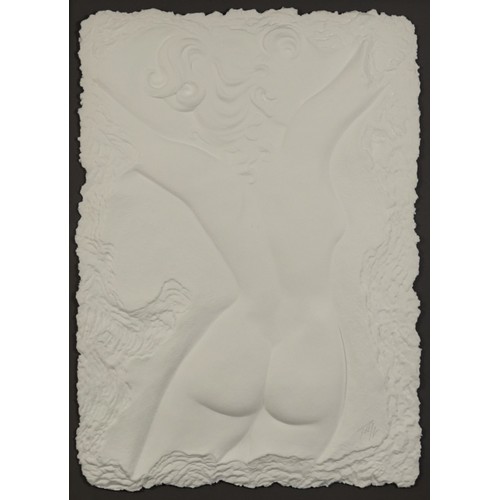 475 - Roberta Peck - Nude female figures, near pair of embossed collages, each mounted, framed and glazed,... 