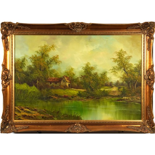 1119 - Clara Davis Innes - River landscape with cottage, oil on board, mounted and framed, 90cm x 60cm excl... 