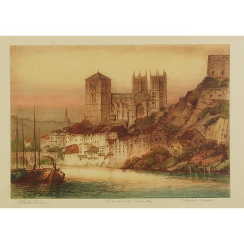 1076 - James Alphege Brewer - Dutch river landscape with cathedral, pencil signed etching in colour, emboss... 