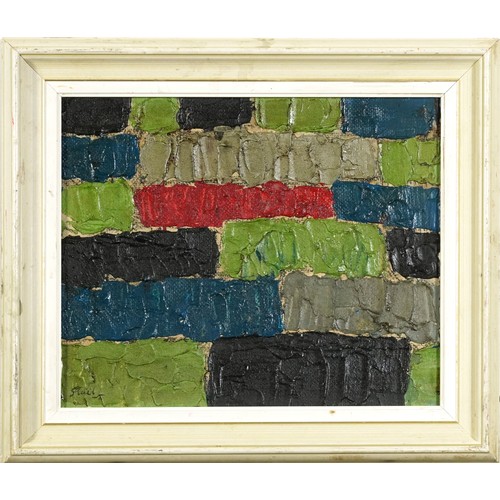 1291 - Abstract composition, geometric shapes, French school impasto oil on board, mounted and framed, 29cm... 