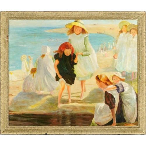 351 - Manner of Laura Knight - Children playing on a beach, Modern British oil on board, mounted and frame... 