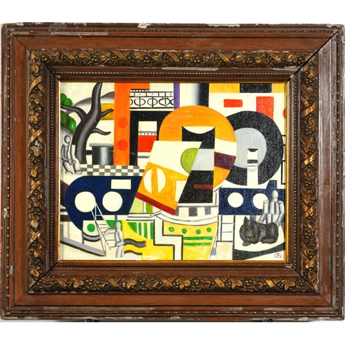 349 - Manner of Fernand Leger - Surreal composition, figures and geometric shapes, French school oil on bo... 