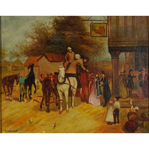 304 - Manner of Frank Moss Bennett - Horse and cart with figures before a coaching house, British school o... 