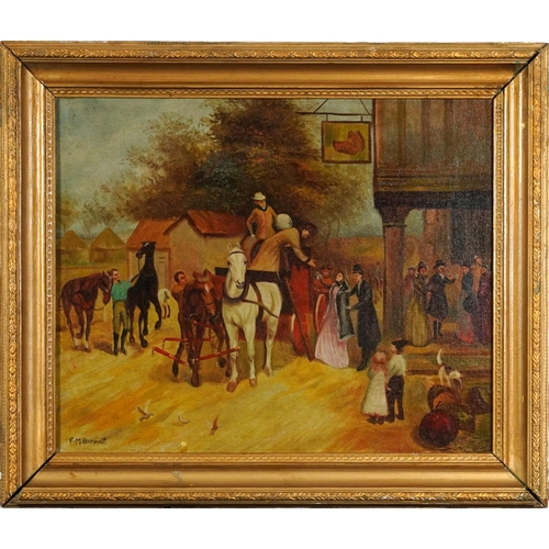 304 - Manner of Frank Moss Bennett - Horse and cart with figures before a coaching house, British school o... 