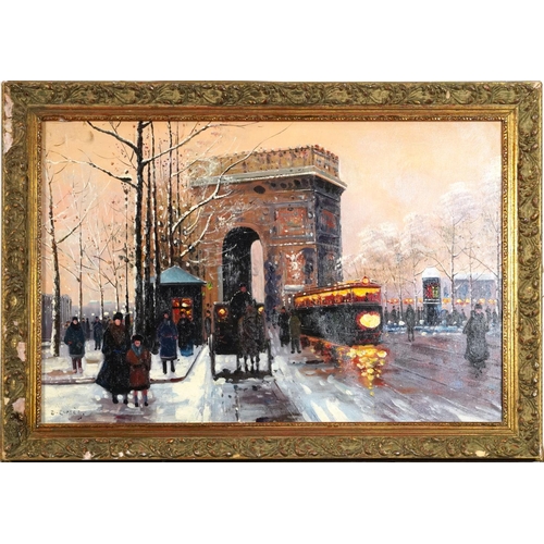 272 - Busy street scene before the Arc de Triomphe, French school oil on board, mounted and framed, 59.9cm... 