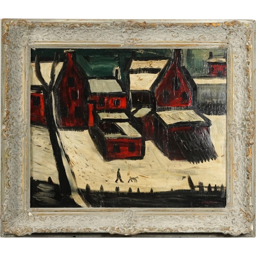 222 - After Fred Uhlman - Winter industrial landscape with figure and dog, oil on board, mounted and frame... 