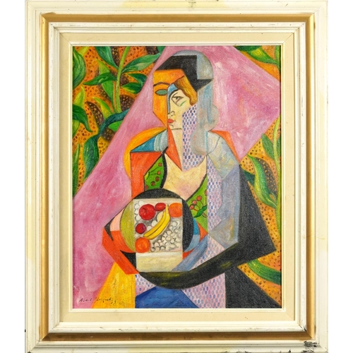 210 - Female with flowers and leaves, Cubist school oil on board, mounted and framed, 50cm x 39.5cm exclud... 