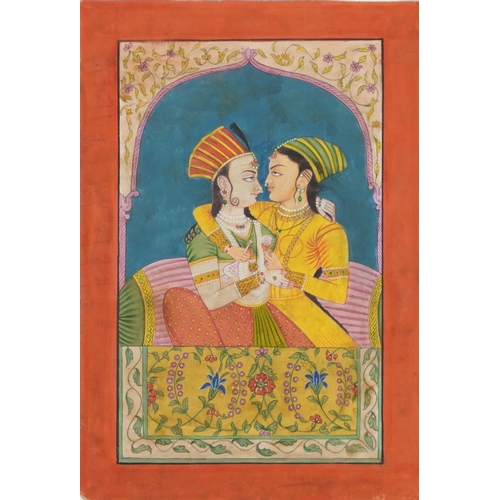 1717 - Two lovers, Indian Mughal school watercolour on paper, inscribed in ink verso, unframed, 24.5cm x 16... 