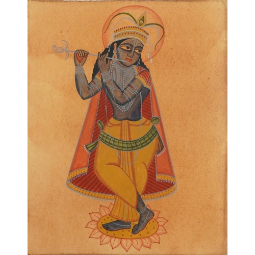 1718 - Deity playing an instrument, Indian Mughal school watercolour on paper, unframed, 35cm x 27.5cm