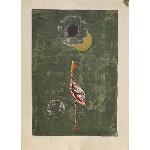 92 - Tadashi Nakayama 1958 - Abstract composition, pencil signed Japanese woodblock print, character mark... 