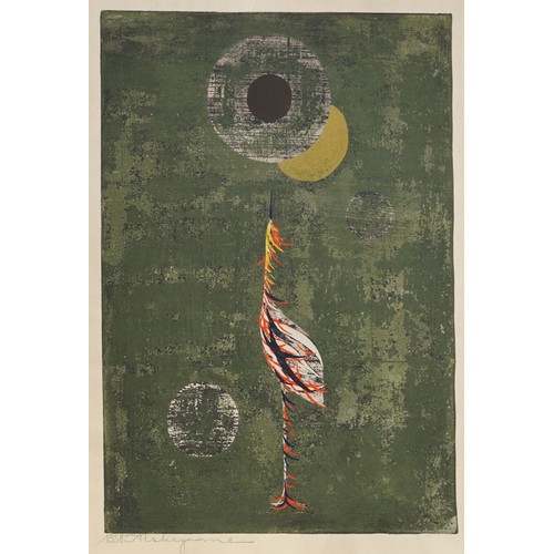 92 - Tadashi Nakayama 1958 - Abstract composition, pencil signed Japanese woodblock print, character mark... 