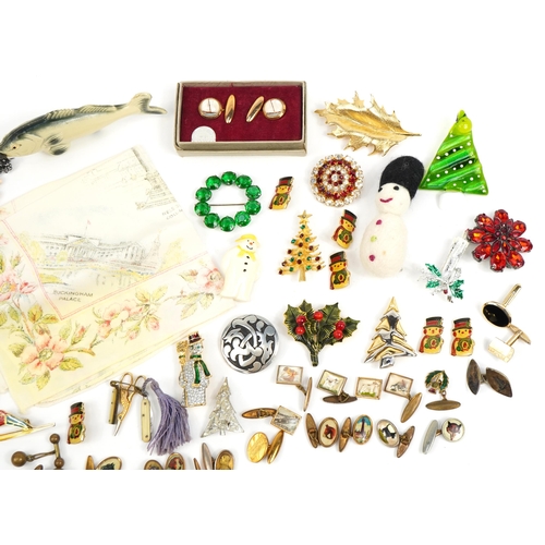 3860 - Vintage and later costume jewellery including Essex Crystal style cufflinks, Christmas brooches and ... 