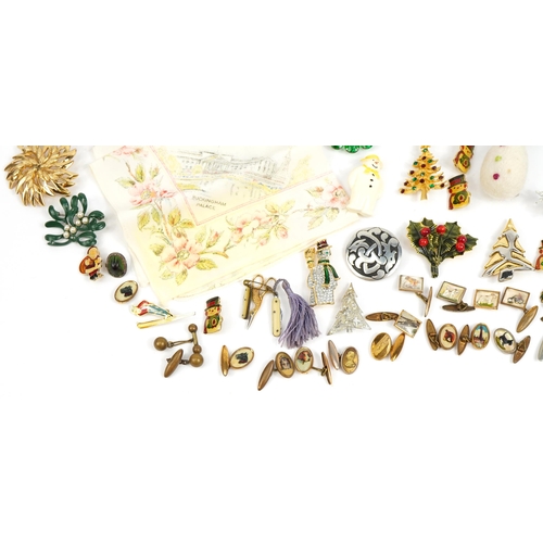 3860 - Vintage and later costume jewellery including Essex Crystal style cufflinks, Christmas brooches and ... 