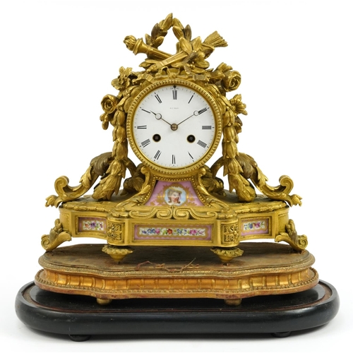 50 - D C Rait, 19th century French Ormolu mantle clock striking on a bell with Sevres type panels hand pa... 