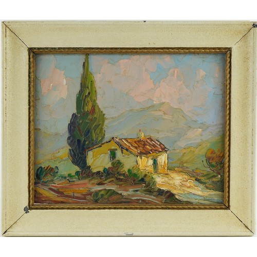 578A - Outbuilding before mountains, continental school impasto oil on board, mounted and framed, 23.5cm x ... 