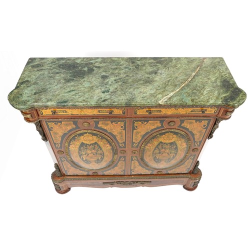 1009 - European inlaid pier cabinet with gilt metal mounts and green marble top, fitted with two drawers ab... 